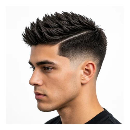 Low taper fade with spiky hair and hard part, featuring a defined shaved line and clean faded sides for a sharp style