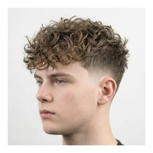 Low taper fade with spiky curly top, featuring defined curls styled into spikes and clean faded sides for a unique look