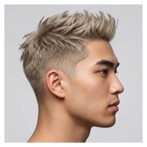 Low taper fade with blonde spiky hair, featuring bright textured spikes and clean faded sides for a standout look