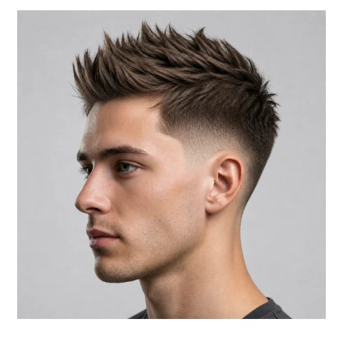 Low taper fade with spiky faux hawk, featuring a central strip of spikes and clean faded sides for an edgy style