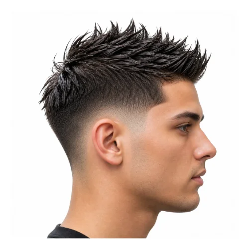 Low taper fade with spiky wet look hair, featuring glossy defined spikes and clean faded sides for a sleek finish