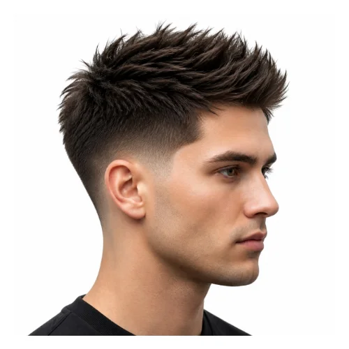 Low taper fade with thick spiky hair, featuring dense textured spikes on top and clean faded sides for a bold modern look