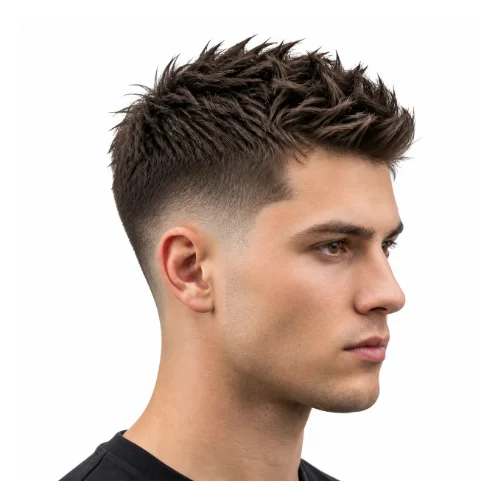 Low taper fade with thin spiky hair, featuring light textured spikes and clean faded sides for a neat modern look