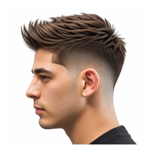 Low taper fade with spiky hair styled to the side, featuring angled spikes and clean faded sides for a stylish look
