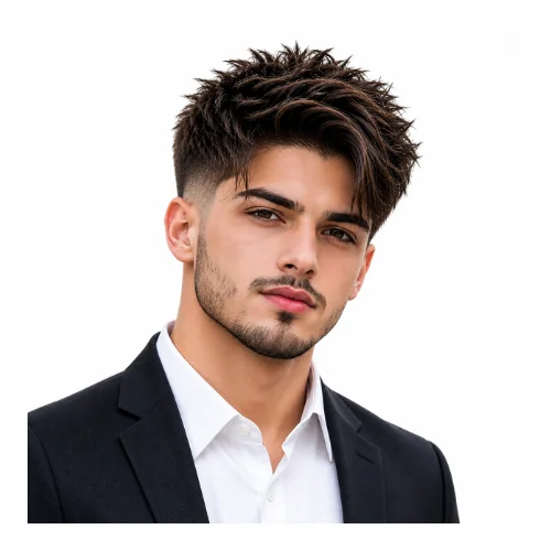 Low taper fade with neat spiky hair, featuring subtle controlled spikes and clean faded sides for a professional look