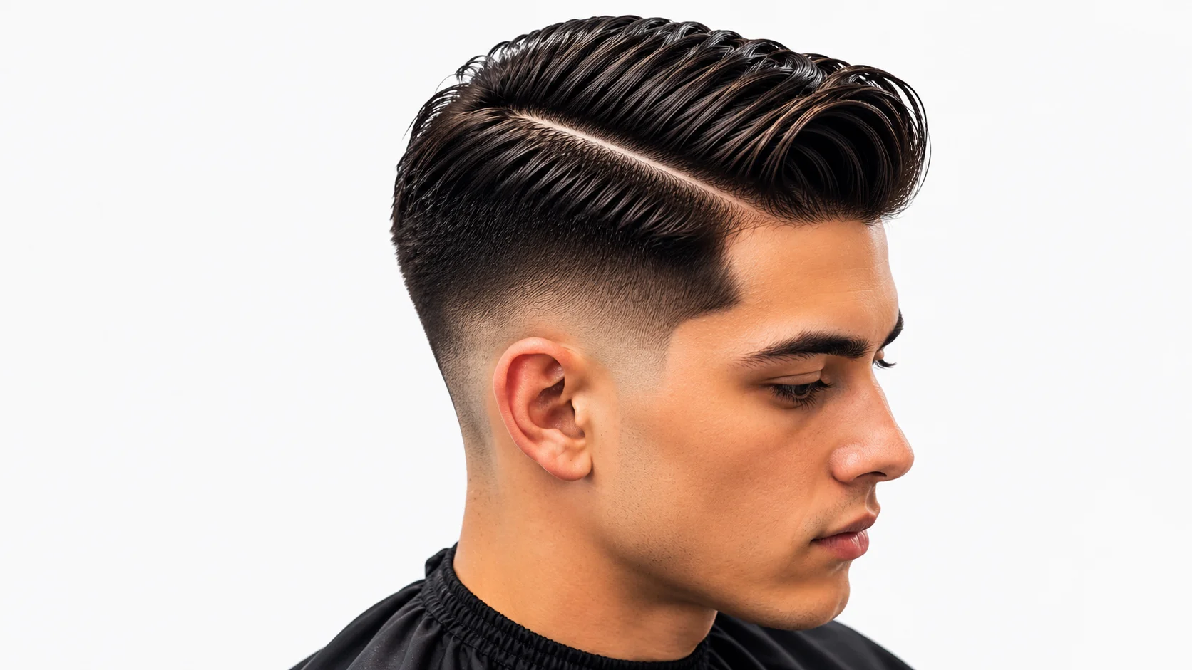 Low taper fade side part haircut with a defined side part and clean blended faded sides for a classic modern style