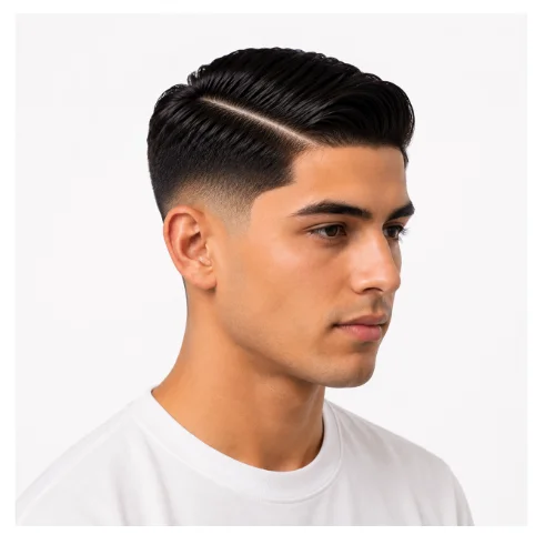 Classic low taper fade side part haircut with a clean defined part and neatly blended faded sides for a timeless look