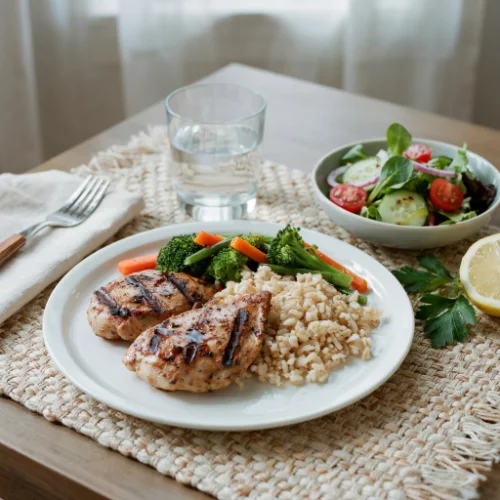 A healthy Day 1 lunch with grilled chicken, brown rice, mixed vegetables, and a fresh salad served on a clean white background.