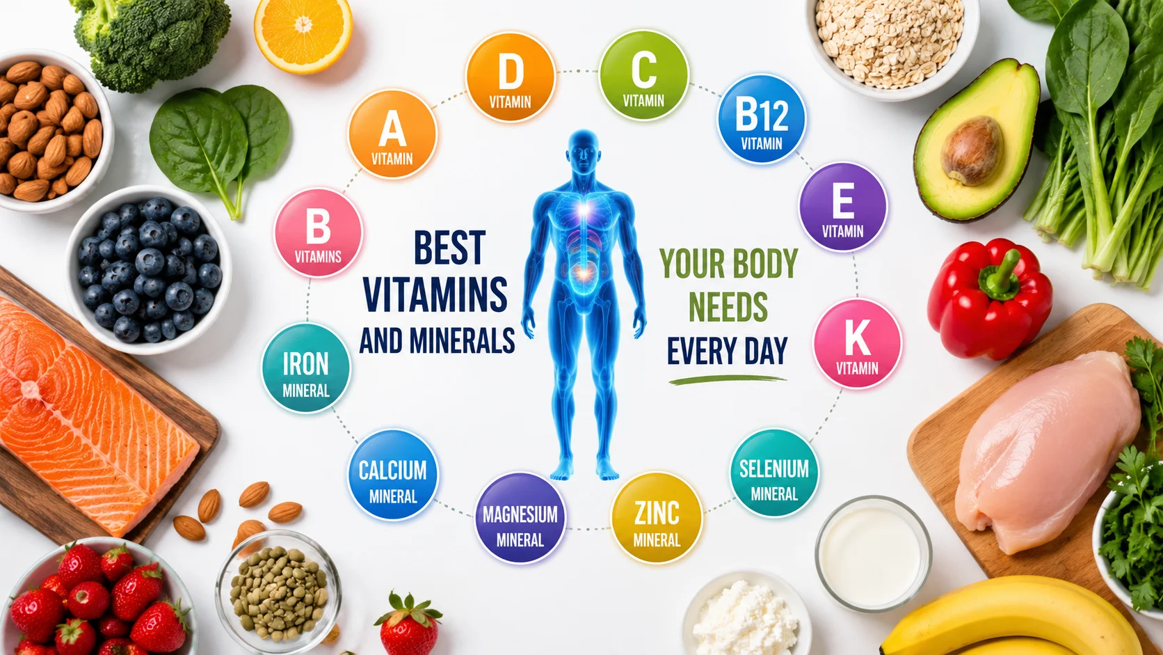 A healthy selection of essential vitamins and minerals including fruits, vegetables, dairy products, nuts, seeds, and leafy greens arranged on a clean white background.