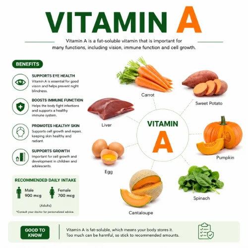 Fresh vitamin A rich foods including carrots, sweet potatoes, spinach, eggs, and pumpkin arranged on a clean white background.