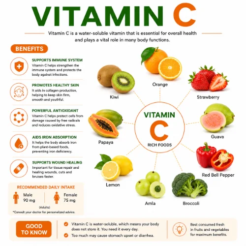 Vitamin C rich foods including oranges, lemons, strawberries, kiwi, bell peppers, and broccoli arranged on a clean white background.