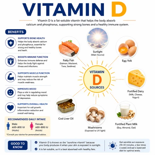 Vitamin D rich foods including salmon, eggs, mushrooms, milk, and cheese displayed on a white background.
