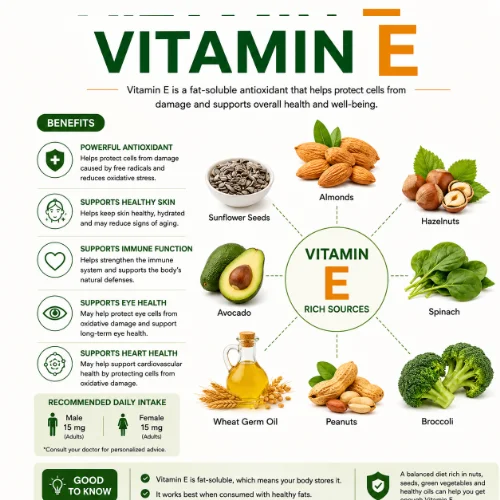 Vitamin E rich foods including almonds, sunflower seeds, avocado, spinach, and olive oil arranged neatly on a white background.