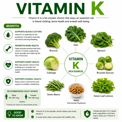 Vitamin K rich foods including kale, spinach, broccoli, cabbage, and green leafy vegetables on a clean white background.