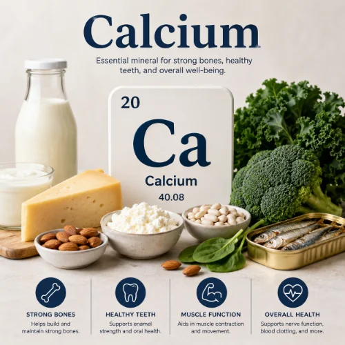 Calcium rich foods including milk, cheese, yogurt, almonds, broccoli, and leafy green vegetables arranged on a clean white background.