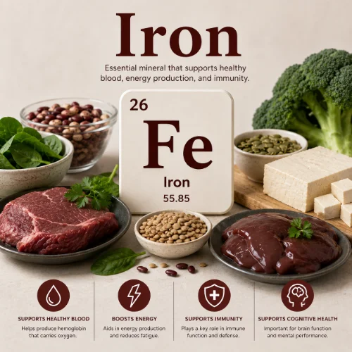 Iron rich foods including red meat, spinach, lentils, beans, and pumpkin seeds arranged on a clean white background.