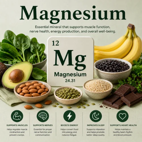 Magnesium rich foods including almonds, spinach, avocado, dark chocolate, and pumpkin seeds displayed on a white background.