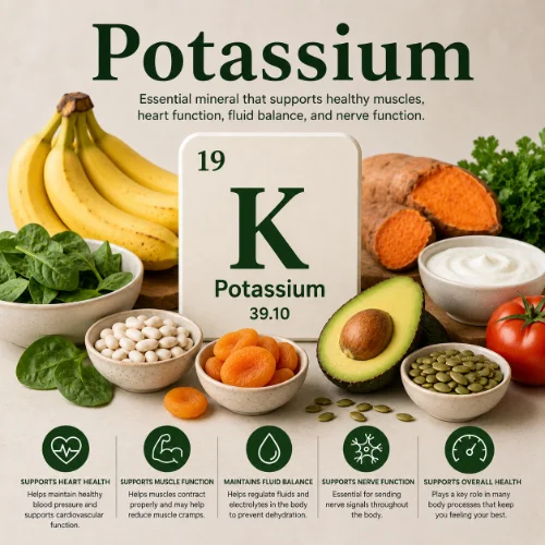 Potassium rich foods including bananas, sweet potatoes, avocados, spinach, and beans arranged on a clean white background.
