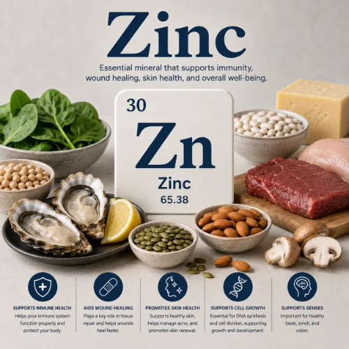 Zinc rich foods including oysters, beef, pumpkin seeds, chickpeas, and nuts displayed on a white background.