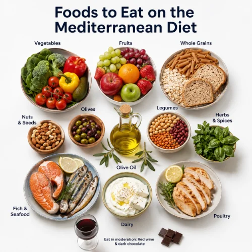 Mediterranean diet foods including vegetables, fruits, fish, olive oil, nuts, legumes, and whole grains arranged on a healthy table