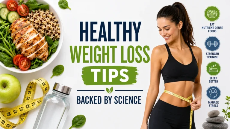 Healthy weight loss tips featuring balanced meals, regular exercise, hydration, and nutritious foods for sustainable results