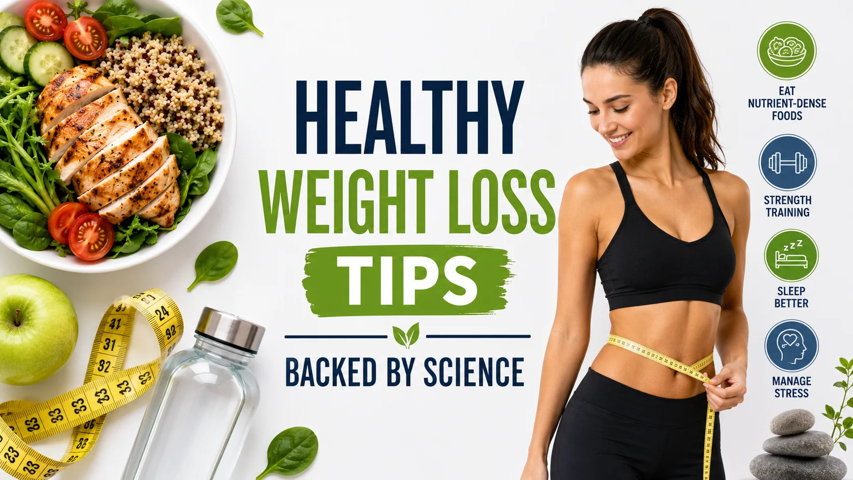 Healthy weight loss tips featuring balanced meals, regular exercise, hydration, and nutritious foods for sustainable results