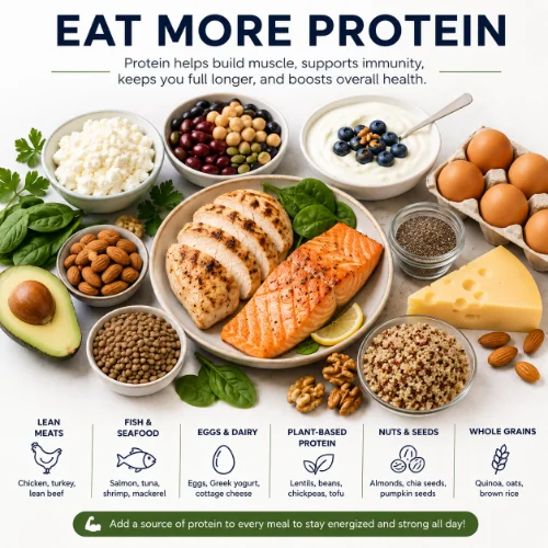 Protein-rich foods including eggs, fish, chicken, beans, Greek yogurt, and nuts arranged as part of a healthy diet