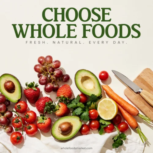 A selection of whole foods including whole grains, fruits, vegetables, nuts, and seeds arranged on a white background.