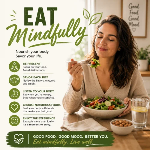A person enjoying a balanced meal with healthy foods in a calm setting on a clean white background.