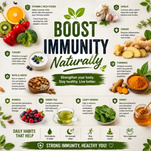 A variety of natural immunity boosting foods including citrus fruits, garlic, ginger, leafy greens, berries, and nuts displayed on a clean white background.