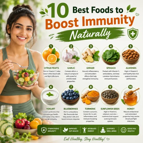 Healthy immunity-boosting foods including citrus fruits, berries, garlic, ginger, spinach, yogurt, almonds, and green vegetables arranged on a table