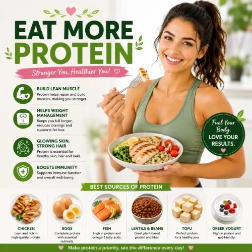 Protein-rich foods including eggs, fish, chicken, beans, nuts, and Greek yogurt arranged as part of a balanced diet