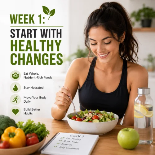 Healthy lifestyle choices including fresh fruits, vegetables, water, and light exercise equipment arranged on a clean white background.