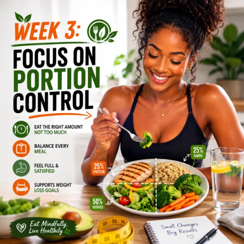 A balanced meal with properly sized portions served on a healthy plate with a white background.