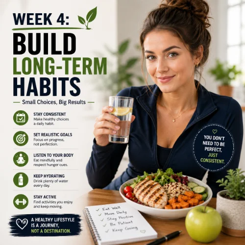 Healthy daily habits including meal planning, hydration, exercise, and sleep represented with wellness items on a clean white background.