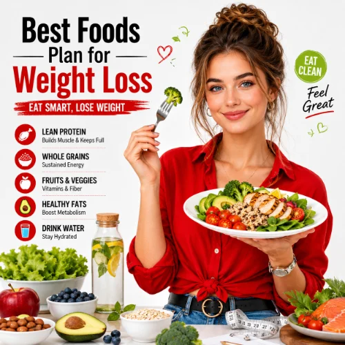 A variety of healthy weight loss foods including lean protein, vegetables, fruits, and whole grains arranged on a white background.