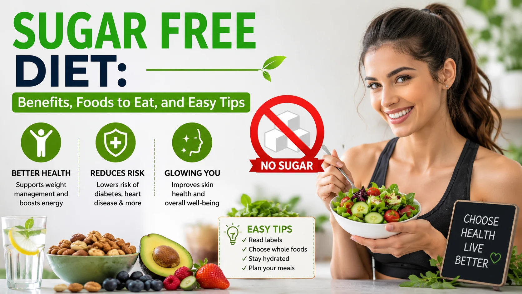 Healthy sugar free diet foods including fresh fruits, vegetables, lean protein, and whole grains on a balanced meal plate