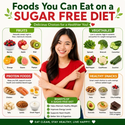 Sugar-free diet foods including fresh vegetables, fruits, eggs, lean proteins, nuts, seeds, and whole grains arranged on a healthy table