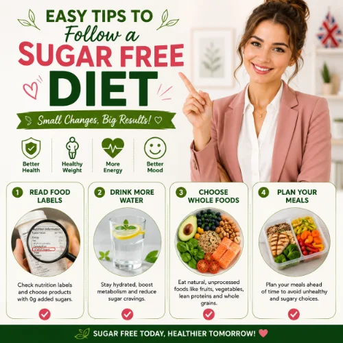 Practical sugar-free diet tips featuring healthy meal planning, reading food labels, choosing whole foods, and avoiding added sugars