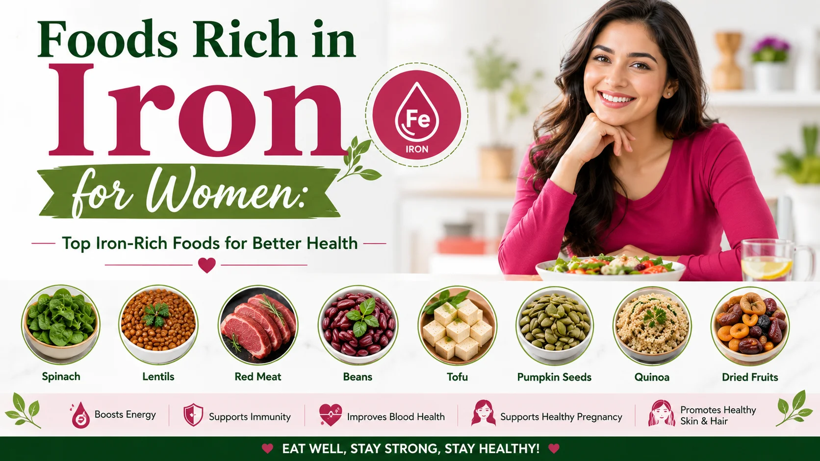 Foods Rich in Iron for Women Including Spinach, Beans, Eggs, and Lean Meat
