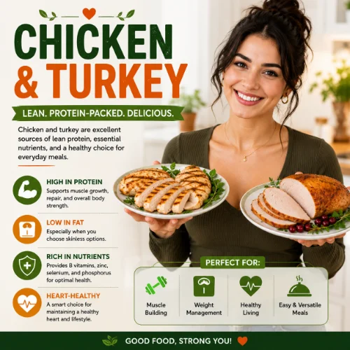 Chicken and turkey providing iron and protein for a healthy balanced diet
