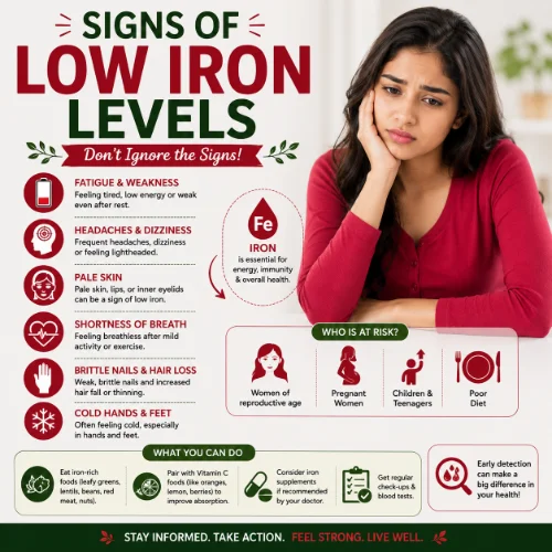 Common signs of low iron levels in women including fatigue, dizziness, pale skin, and weakness