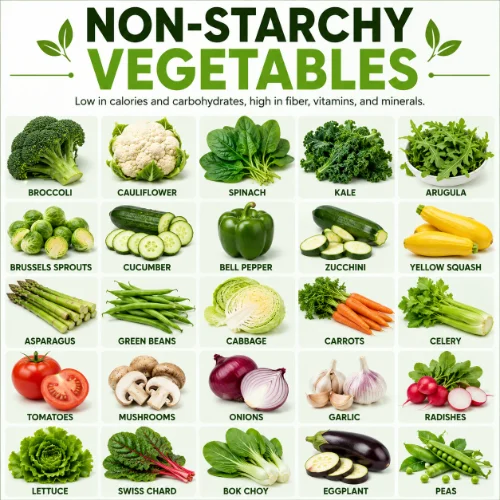 Fresh non-starchy vegetables including broccoli, spinach, cauliflower, bell peppers, cucumbers, zucchini, and leafy greens displayed on a healthy table