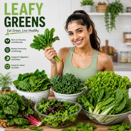 Fresh leafy green vegetables including spinach, kale, lettuce, arugula, and Swiss chard arranged on a wooden surface