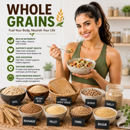 Assortment of whole grains including oats, brown rice, quinoa, barley, and whole wheat displayed in bowls