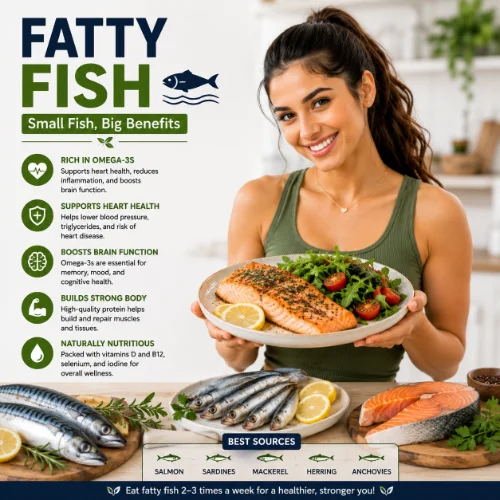Variety of fatty fish including salmon, mackerel, sardines, and trout rich in omega-3 fatty acids
