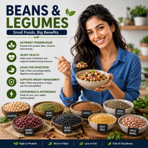 Assortment of beans and legumes including lentils, chickpeas, black beans, kidney beans, and peas displayed in bowls