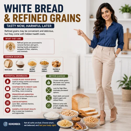 White bread and refined grain products including white rice, pasta, crackers, and baked goods displayed on a table