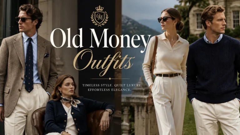 Elegant old money outfits featuring tailored blazers, cashmere sweaters, loafers, and timeless neutral pieces