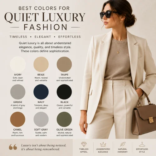 A palette of quiet luxury fashion colors including beige, cream, white, navy, gray, black, and soft earth tones displayed on a clean background.